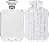 Attmu Hot Water Bottle with Cover Knitted, Transparent Hot Water Bag 2 Liter - White