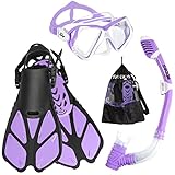 Seago Kids Snorkel Set with Flippers Dry Top Snorkel Mask Swim Fin Snorkeling Gear for Kids Youth, Anti-Fog Adjustable Scuba Diving Flippers Swim Pool Under Water Equipment Snorkel Kit with Mesh Bag