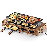 Indoor Grill, COKLAI Raclette Table Grill, 1500W Electric Grill Korean BBQ Grill with 2 in 1 Reversible Non-stick Plate, Cheese Raclette with 8 Trays & Wooden Spatulas, Wooden Base, New Model