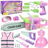 Kids Tool Set, Pink Tool Set for Girls with Toy Chainsaw, Electric Toy Drill, Hammer, Working Vest, Accessories, Construction Pretend STEM Toy Tool Kit for Toddlers Ages 3 4 5 6 7 Years Old