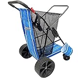 EasyGo Product Beach Cart - Heavy Duty Folding Design - Large Wheels for Sand - Holds 4 Beach Chairs - Storage Pouch - Beach Umbrella Holder - Striped