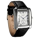 Avaner Mens Square Watch, Vintage Leather Cuff Watch, Roman Numeral Analog Quartz Wristwatch, Leather Strap Classic Retro Watch with Auto Calendar Window