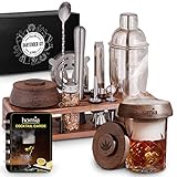Bartender Kit with Whiskey Smoker - 13 pcs, Pine Stand - Bar Set with Cocktail Shaker, Bartending Kit with Essential Bar Accessory Tools, Wood Chips, Steel