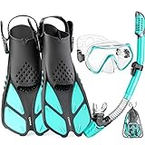CAPAS Snorkel Mask Fins Set, Travel Size Snorkeling Gear for Adults with Short Adjustable Swim Fins, High Resistant Scuba Diving Mask and Dry Top Snorkel, Come with a Carrying Bag