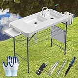 ERGMASTER Fish Cleaning Table 42.6' Width Portable Folding Camping Table with Double Sinks& Measure Mark|Outdoor Fish Cleaning Station with Grid Rack&6pc Fish Cleaning Kit for Patio