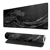 Japanese Sea Wave Large Mouse Pad, Anime Black Gaming, Extended Kanagawa Mat Desk Pad, 3mm Thick Long Non-Slip Rubber Base Mice Pad, 31.5 X 11.8 Inch