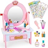 Wooden Vanity Set for Kids, Pretend Play Toddler Makeup Vanity Table Toys with 360° Rotatable Mirror, Beauty Salon Set Includes Makeup Accessories & Bonus Stickers, Little Girls Gift Age 3+