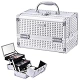 Joligrace Makeup Box Cosmetic Train Case Jewelry Organizer Lockable with Keys and Mirror 2-Tier Tray Portable Carrying with Handle Travel Storage (Classic Silver)