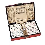 Portable Chinese Family Mahjong Travel Set with 144 Mini Tiles,2 Pcs Dice & Leather Carrying Case Box for Travel Party,Set A