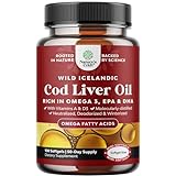 Icelandic Cod Liver Oil Softgels - Wild Caught EPA DHA Omega 3 Fish Oil 1000mg per serving - Sustainably Sourced Burpless Fish Oil Supplement with Vitamin D3 & A for Heart Joint Brain & Immune Support
