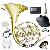B Flat Single Row French Horn, 4 Key Brass Lacquer Gold Craft French Horn for Beginners with Hard Case Cleaning Cloth Tuner Mouthpiece Split Design
