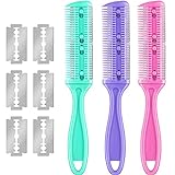3 Pieces Razor Comb with 10 Pieces Razors, Hair Cutter Comb Cutting Scissors, Double Edge Razor, Hair Thinning Comb Slim Haircuts Cutting Tool (Green, Purple, Pink)