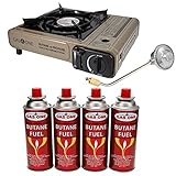 Gas One Propane or Butane Stove GS-3400P Dual Fuel Portable Camping and Backpacking Gas Stove Burner with Carrying Case Great for Emergency Preparedness Kit (Gold) (Stove + 4 Butane Fuel)