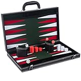 Smart Tactics Premium Backgammon Set - Large 17'' Wood & PU Leather Folding Backgammon Board Game - Green / White / Red Felt Interior - Includes Dice Cups, Doubling Cube & Instruction Manual