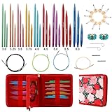 LOOEN Interchangeable Circular Knitting Needles Set with Case and Accessories for Arthritic Hands, Round Aluminum Kit Suitable for Knitter Enthusiasts（Rose
