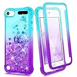 iPod Touch 7th 6th 5th Generation Case, Ruky iPod Touch 5 6 7 Full Body Glitter Case with Built in Screen Protector Shockproof Protective Girls Bling Liquid Floating Case (Teal Purple)