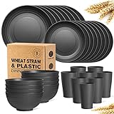 Teivio 32-Piece Kitchen Plastic Wheat Straw Dinnerware Set, Service for 8, Unbreakable Plastic Modern Dish Set - Dinner Plate/Dessert Plate/Cereal Bowl/Cup, for Apartment Basics, Outdoor Camping,Black