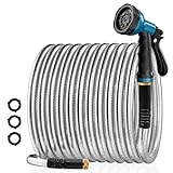 Besiter Garden Hose 75FT Stainless Steel Water Hose with 10 Functions Adjustable Spray Nozzle, Heavy-Duty Metal Garden Hose Flexible Durable No-Tangle & Kink Leak Dog Proof Hose for Yard Lawn(Blue)