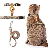 Cat Harness and Leash Escape Proof for Walking Travel Outdoor - Soft Nylon Adjustable Cute Cat Harness Leash Set with Airtag Holder for Small Large Cats