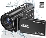 Video Camera Camcorder Waterproof Camera 4K Ultra HD 56MP 30FPS 18X Digital Zoom Underwater Camera Vlogging Camera For Youtube, 16.4Ft Waterproof Video Camera with 3500mAh Battery, 64G SD Card