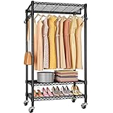 VIPEK R1 Plus Rolling Garment Rack Heavy Duty Clothes Rack for Hanging Clothes, Portable Closet Wardrobe with Wheels and Side Hooks, Adjustable Freestanding Metal Clothing Rack with Shelves, Black