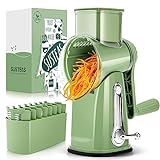 SUSTEAS Rotary Cheese Grater with Handle - Food Shredder with 5 Well-designed Blades & Strong Suction Base,Round Mandoline Slicer & Vegetable Grater for Kitchen,1 Bonus Blade Storage Box(Retro Green)