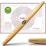 WALFOS French Rolling Pin and Silicone Baking Mat Set, Non-Stick Beech Wood Rolling Pin 17 Inch and Pastry Mat for Best Pie Crust, Cookie, Pasta and Pizza Dough