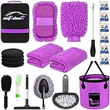 AUTODECO 22Pcs Car Wash Cleaning Tools Kit Car Detailing Set with Canvas Bag Purple Collapsible Bucket Wash Mitt Sponge Towels Tire Brush Window Scraper Duster Complete Interior Car Care Kit