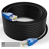 Cat6 Outdoor Ethernet Cable 100 Feet (with 25 Ties), Cat 6 Heavy Duty Internet Cord, Waterproof, Direct Burial, in Wall, POE, Network, Indoor, PVC & LLDPE UV Double Jackets, Supports Cat6 Cat5e Cat5
