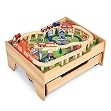 ReunionG Wooden Train Set w/Storage Drawer, Train Set Table w/Tracks, Trains, Cars, Kids Activity Play Table, Train Table for Toddlers 3-5, Best Gift for Boys Girls