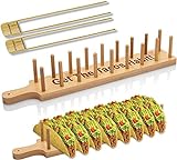 Bamboo Taco Holder Stand Plate Tray with 2 Tongs - Rack Holds 8 Soft or Hard Shell Tacos - Great also for Burritos and Tortillas Holder - Taco Holders Stands Taco Stand Taco Plate Plates Gift Bar Wood