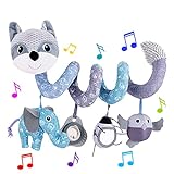 HILENBO Car Seat Toys, Infant Baby Gray Fox Spiral Plush Activity Hanging Toys for Car Seat Stroller Bar Crib Bassinet Mobile with Music Box BB Squeaker and Rattles（Gray）