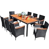 Flamaker 9 Piece Patio Dining Set Outdoor Acacia Wood Table and Chairs with Soft Cushions Wicker Patio Furniture for Deck, Backyard, Garden