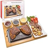 Cooking Stone- Complete Set Lava Hot Steak Stone Plate Tabletop Grill and Cold Lava Rock Indoor BBQ Hibachi Grilling Stone (8 1/8' x 5 3/16') w Ceramic Side Dishes and Bamboo Platter