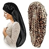 Satin Bonnet for Women 2 Pack Soft and Elastic Black Leopard Long Hair Cap，Large Breathable Silky Hair Bonnet for Sleeping Cap，Braids Bonnets for Women