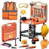 Magic4U Kids Tool Bench Set, 95PCS Toddler Tool Workbench with Electronic Drill 13 Tool Equipements,Safety Vest & Hat,Pretend Play Kids Construction Toys Gift for Boys Girls Age 3,4,5,6,7,8