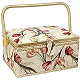 Sewing Basket with Tulip Floral Print Design- Sewing Kit Storage Box with Removable Tray, Built-In Pin Cushion and Interior Pocket - Large - 12' x 9' x 6' - by Adolfo Design