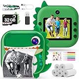 Skirfy Kids Camera Instant Print,Boy Toys Digital Camera for Kids with 5 Print Paper&32G TF Card,Dinosaur Selfie Camera with Color Pens&Stickers,48MP Video Camcorder with Lanyard,Birthday Gift for Boy