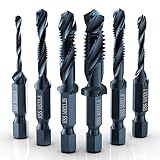 THINKWORK Combination Drill Tap & Tap Bit Set, 6 Pack 3-in-1 Anti-Rust Black Titanium Coated Screw Tapping Bit Tool in Metric Size M3 M4 M5 M6 M8 M10, 1/4” Hex Shank and Storage Case