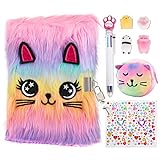HOMICOZY Cat Diary with Lock and Keys for Girls,Plush Secret Journal for Kids with 160 Lined Pages,Hardcover Fluffy Locking Notebook for Writing and Drawing,Cute Fuzzy Stationary Gifts for Girls Ages 6 and Up