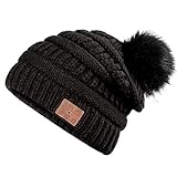 Bluetooth Beanie, Deegotech Bluetooth Hat with Headphone, Tech Gifts for Women Girls, Pompom Knit Music Winter Hat Warm Ski Cap-Black