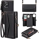 DKDKSIP for iPhone 12 Wallet Case, iPhone 12 Pro Wallet Case for Women, Support Wireless Charging with RFID Blocking Card Holder, Leather Zipper Detachable Magnetic Phone Case with Strap, Black