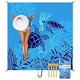 Airensky Beach Blanket, Sandproof Beach Mat 79' X 82' for 4-7 Adults, Large Waterproof Beach Blanket Compact Lightweight Beach Blanket with 4 Stakes for Picnic Camping Travel Hiking(Blue Turtles)