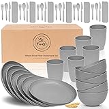 FOODLE Wheat Straw Dinnerware Sets for 6 - Lightweight & Unbreakable - Microwave & Dishwasher Safe - Perfect for Picnic, Dorm, RV Dishes - Camping Plates Cups and Bowls Set - Great for Kids & Adults