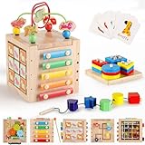 GEATEACO Wooden Activity Cube for Baby, 9-in-1 Montessori Toys for 3 Year Old Educational Learning Cube Toys for Toddlers 1-3 Zany Zoo Activity Cube Sorting & Stacking Board Gifts for 1+ Year Old