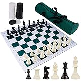Juegoal 20' Portable Chess & Checkers Set, 2 in 1 Travel Board Games for Kids and Adults, Folding Roll up Chess Game Sets, Extra 26 Checker Pieces, Tournament Thick Mousepad Mat with Storage Bag