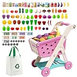 Jovow 98pcs Kids Shopping Cart Trolley Play Set with Pretend Food and Accessories,Perfect for Ages 3+ Pretend Play and Role-Playing Games (Rose Red)