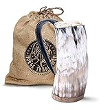 Norse Tradesman Original LG Viking Drinking Horn Mug - 100% Authentic Beer Horn Tankard With Rosewood Base & Burlap Gift Sack | The Original, High Polish, approx. 16 oz