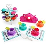 Boley Tea Set - 40 Piece Children's Tea Party Set with Princess Pink Teapot and Plastic Tray, Vintage Teacups with Saucers and Lemon Slices, Fancy Cake Stand with Cutlery and Play Food Mini Desserts