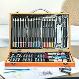 MAHITOI US 80+Piece Deluxe Artist Studio Creativity Set Wood Box Case - Art Painting, Sketching Drawing Set, 24 Watercolor Paint Colors, 24 Oil Pastels, 24 Colored Pencils, 2 Brushes, Starter Kit